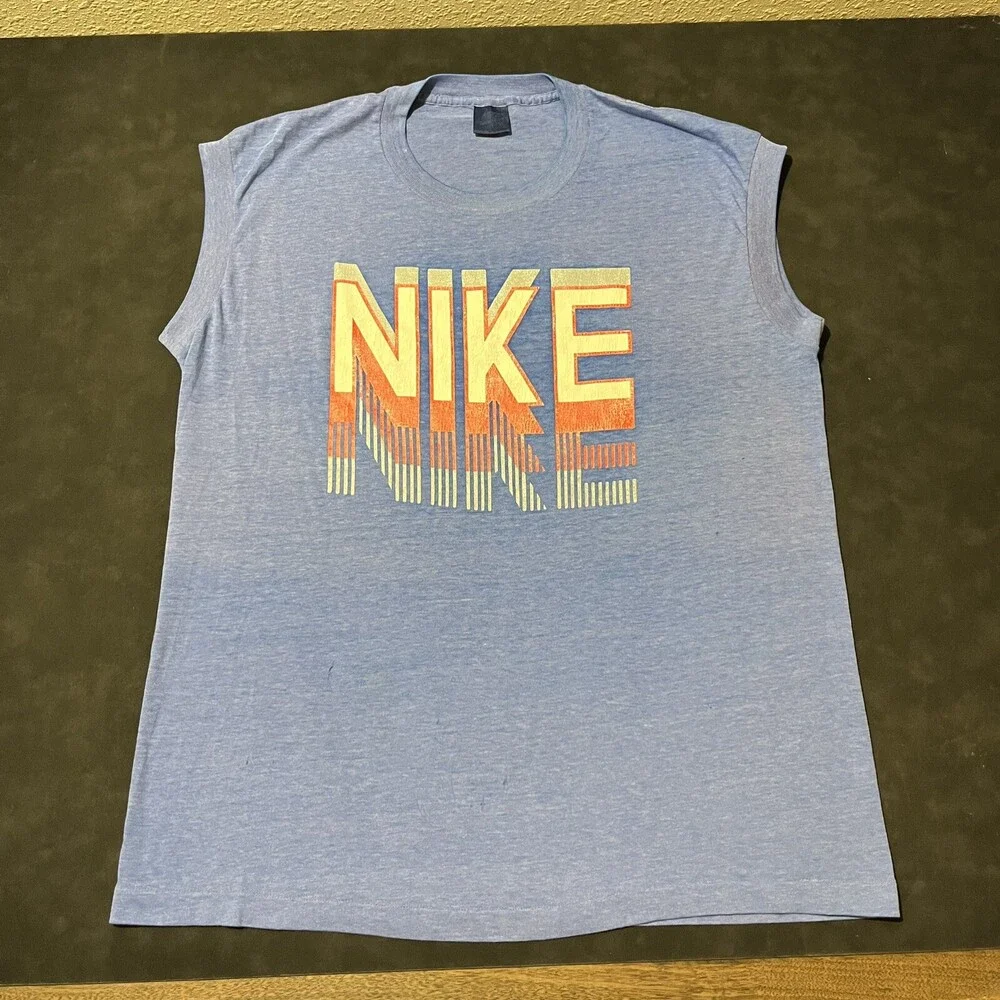 Vintage Blue Tag Nike 1970s Shirt Shadow Logo Sheer Burnout Track Olympic USA